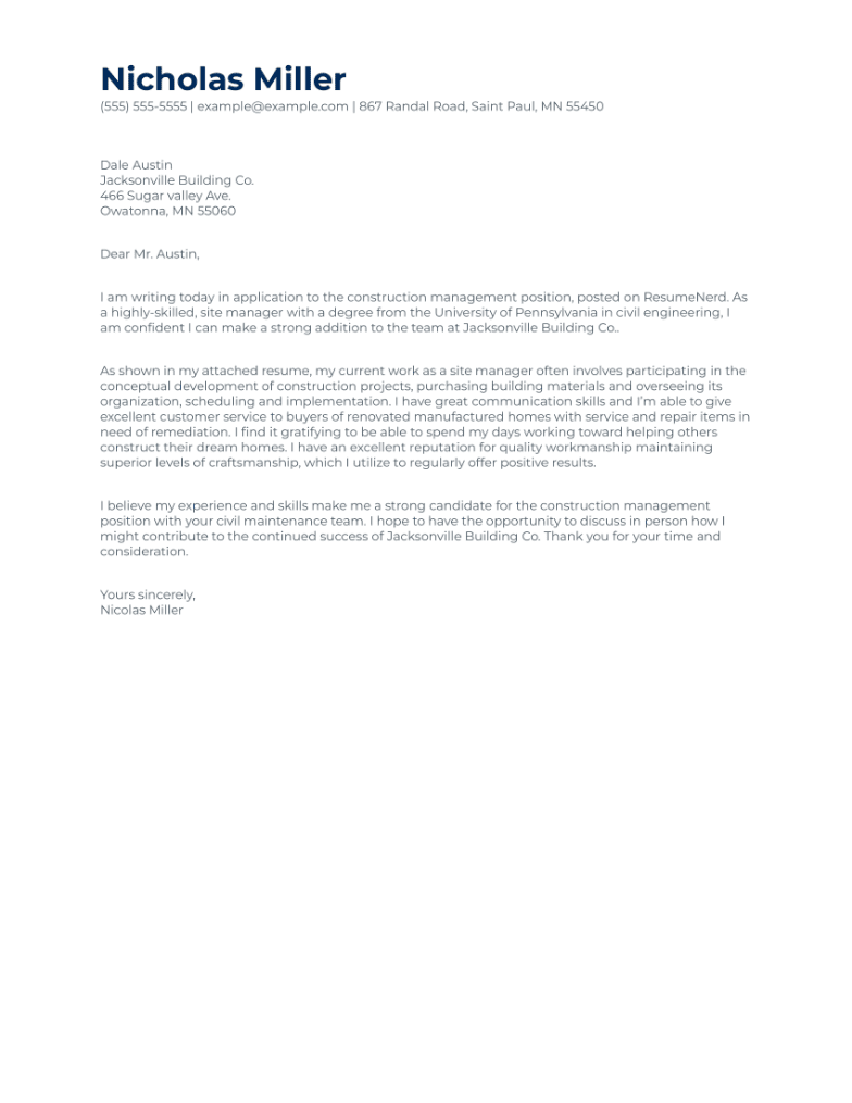 Construction cover letter example