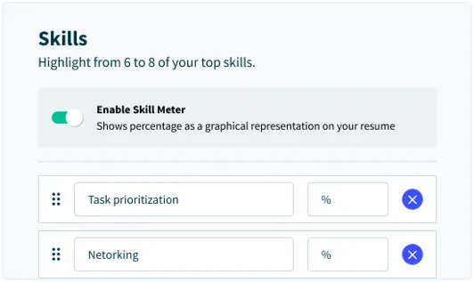 ResumeHelp's Resume Builder Pre selected Skills