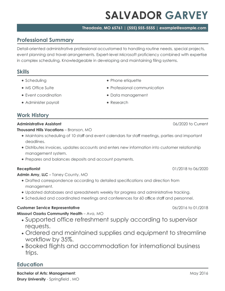 Administrative Assistant CV example using the Empire template.