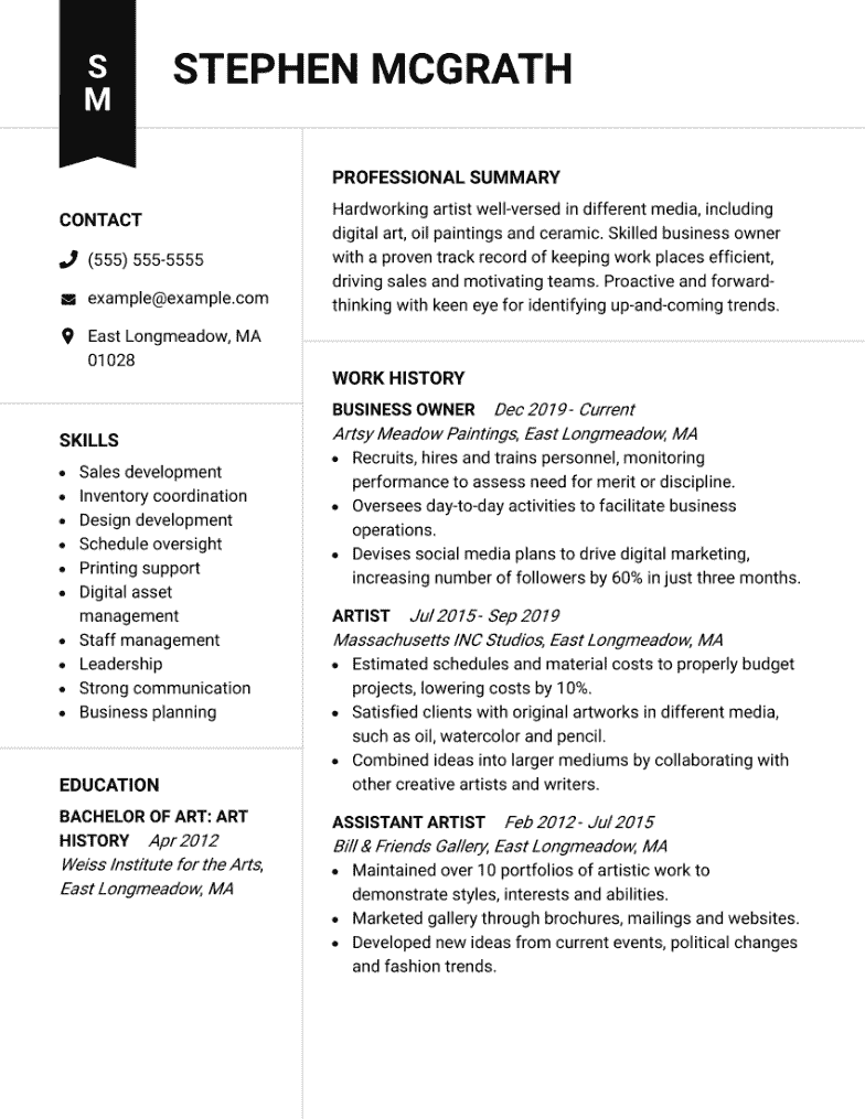 Artist Resume Example