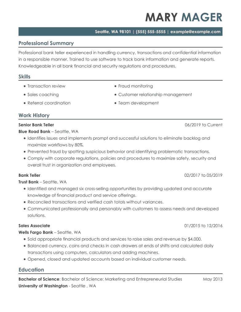 resume format for bank teller position