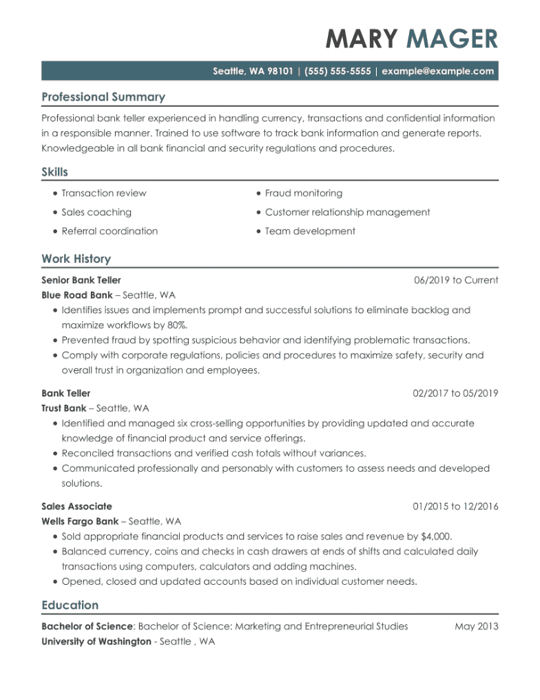 Bank Teller Resume Example