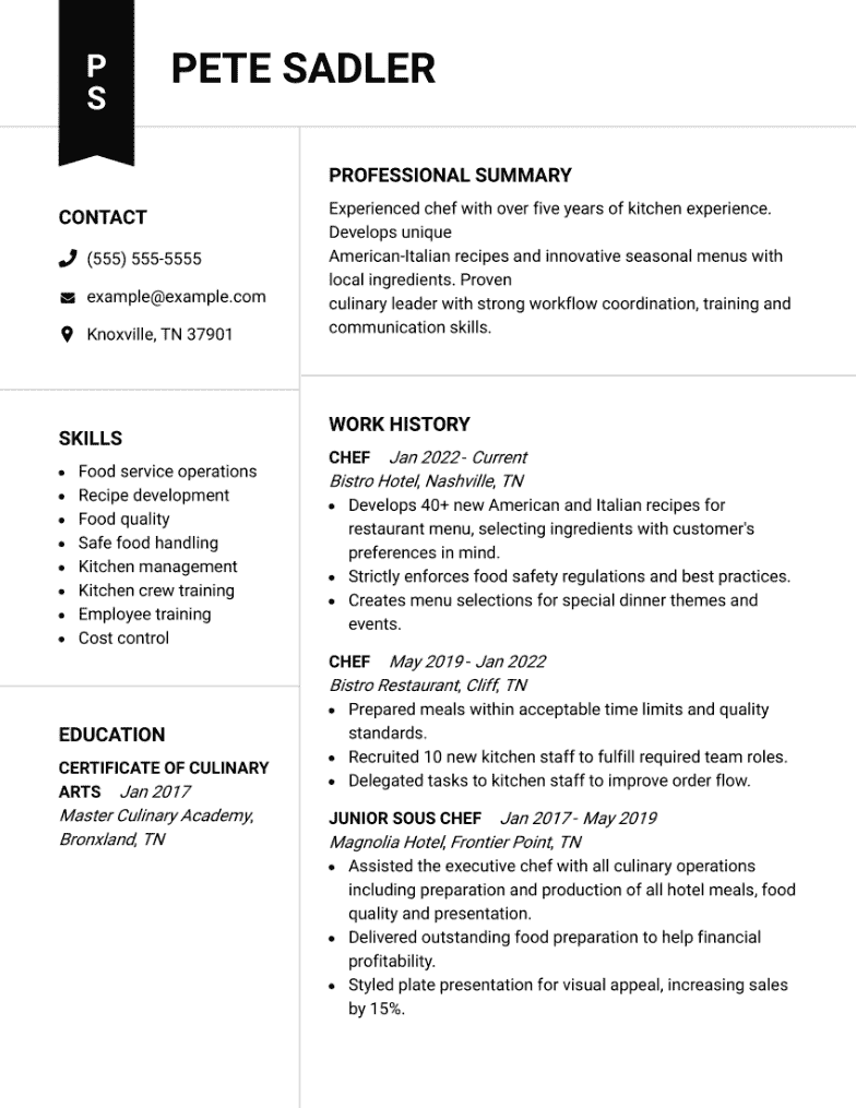 Chef Resume Example