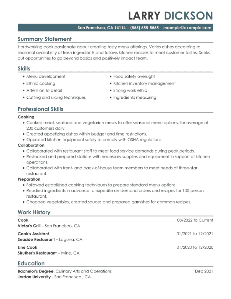 resume for nursing home cook