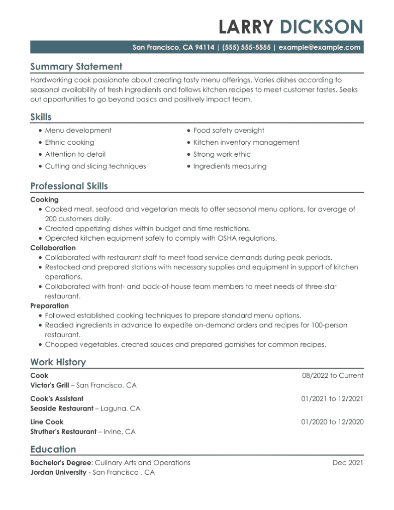 Cook resume example