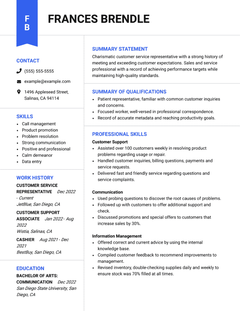 customer service pitch for resume