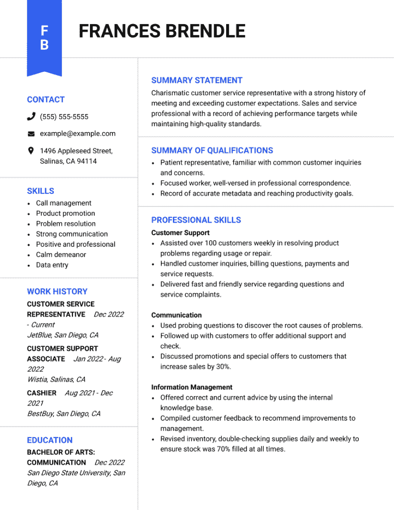 Customer service resume example using the Blueprint CV template.