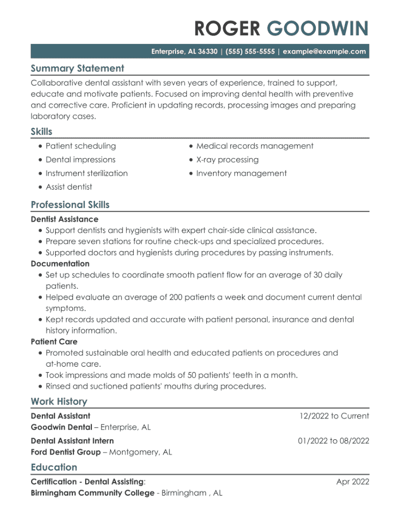 Dental assistant resume example