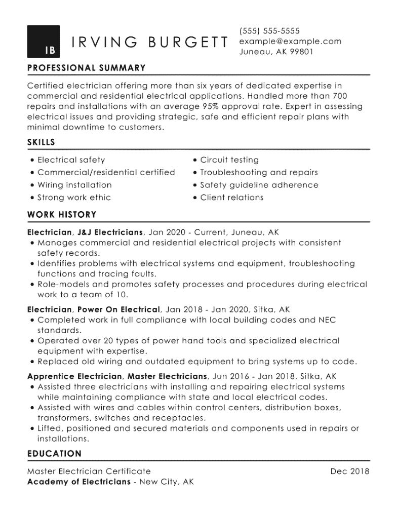 Electrician resume example