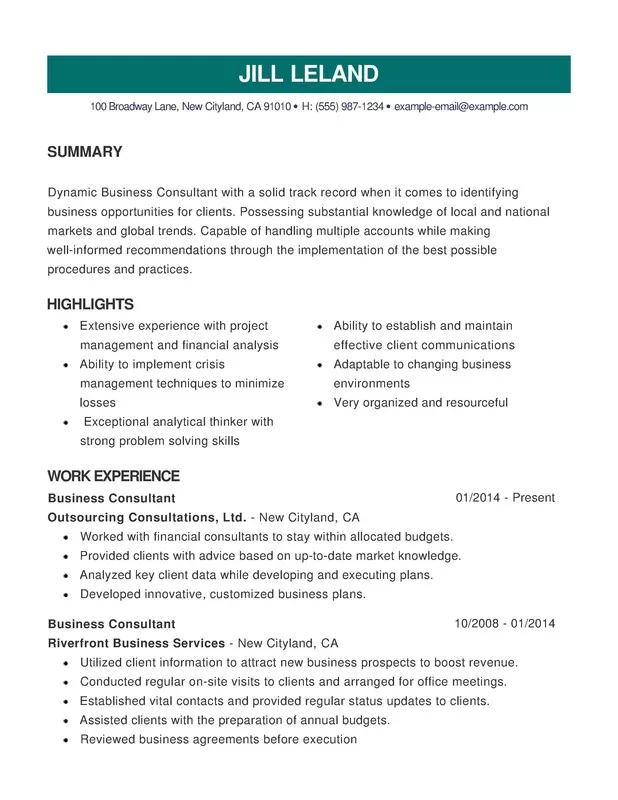 Combination resume with dark green heading example