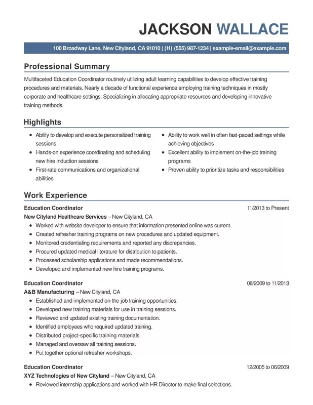 Combination resume with dark blue heading example