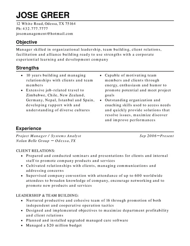 CV with right justified sections, plus two-column Strengths section, as an example of how to write a CV.