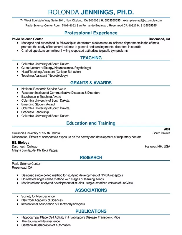 CV with center justified sections, plus Grants & Awards section, as an example of how to write a CV.