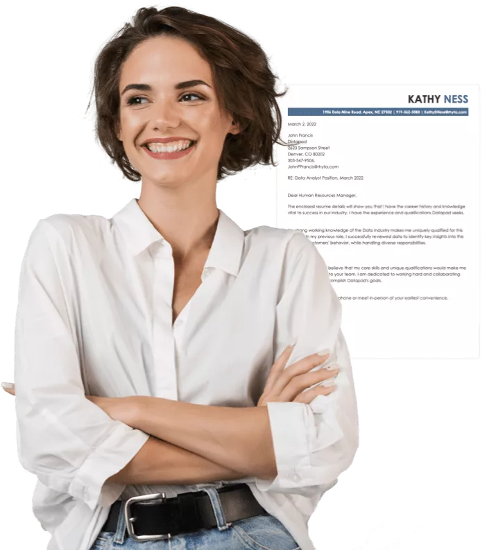 Cover letter builder example behind smiling woman.