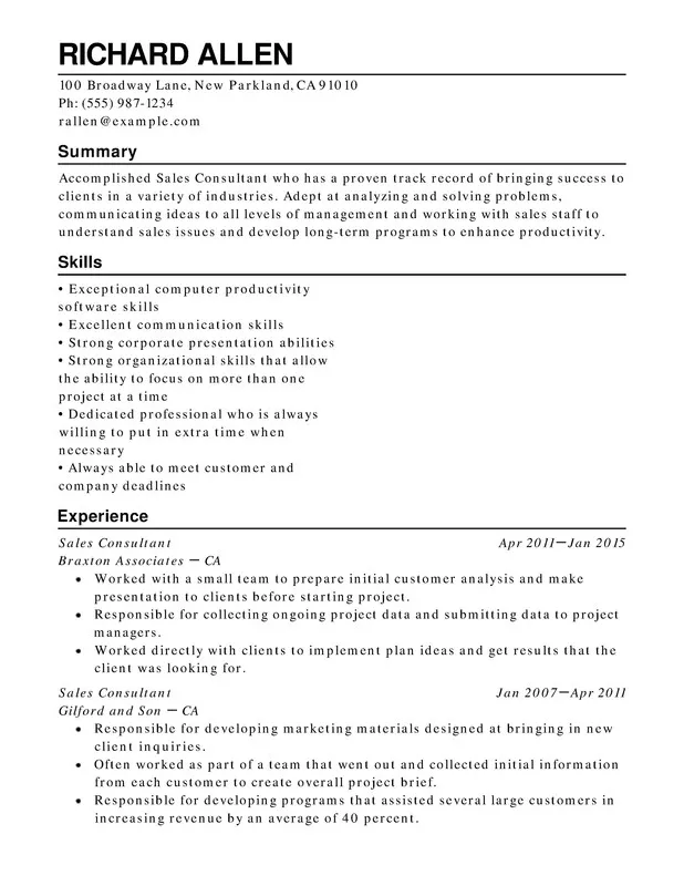 How to write a CV example with right justified sections and all black text.