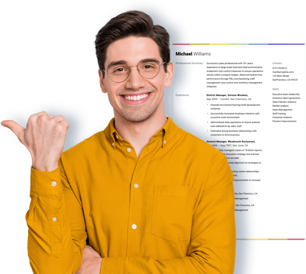 Man in yellow shirt in front of Resume Builder resume example.