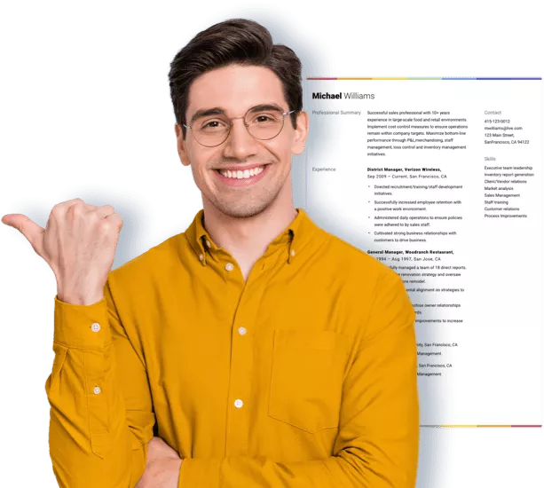 Man in yellow shirt in front of Resume Builder resume example.