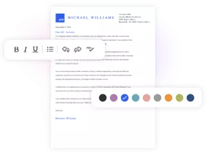 Cover letter builder example with adjustable color and style options.