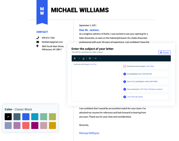 Cover letter builder example featuring sections and color choices.