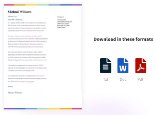Cover letter builder example and resume download format option icons.