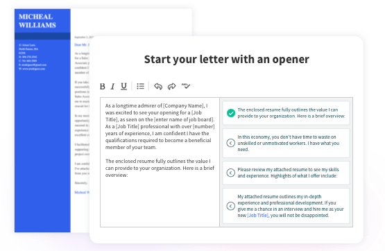 Cover letter builder example with adjustable style and color options