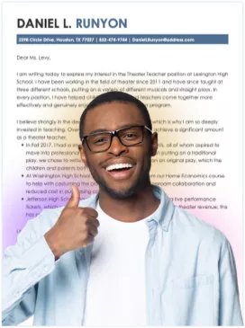 Man with thumbs up in front of a large cover letter example.