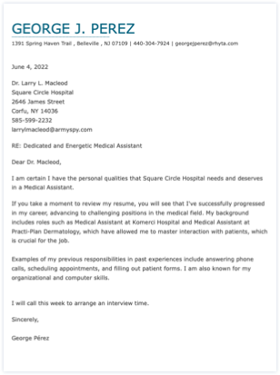 Medical Assistant cover letter example.