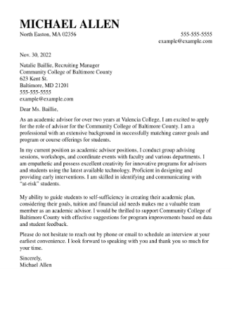 Academic cover letter example.