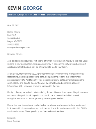 Cover letter example for an Accounting job application.