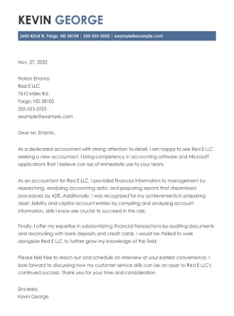 Cover letter example for an Accounting job application.