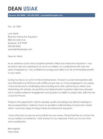 Cover letter example for an Acting position.