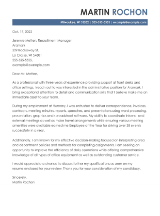 Cover letter example for an Administrative Assistant position.