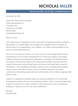 Cover letter example for a construction position.