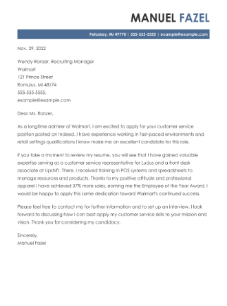 Cover letter example for a Customer Service job application.