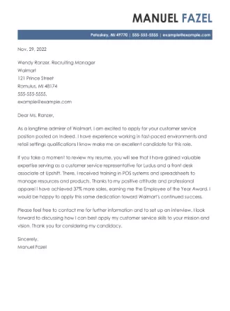 Cover letter example for a Customer Service job application.