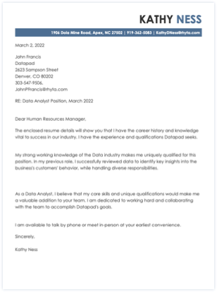 Data Analyst cover letter example.