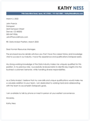 Cover letter example for a Data Analyst position.