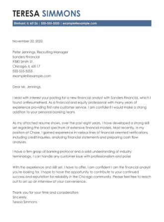 Financial Analyst Cover Letter Example