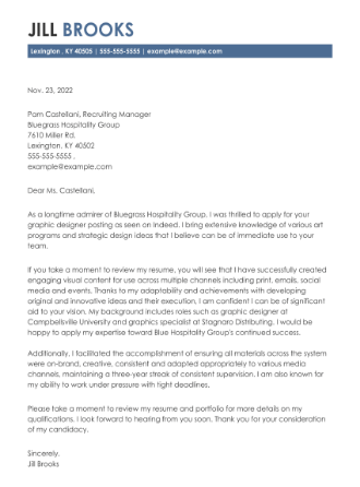 Cover letter example for a Graphic Design job application.