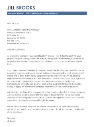 Cover letter example for a Graphic Design job application.