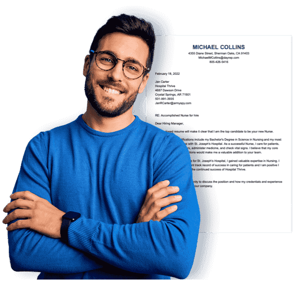 Cover letter example behind smiling man in glasses and blue shirt.
