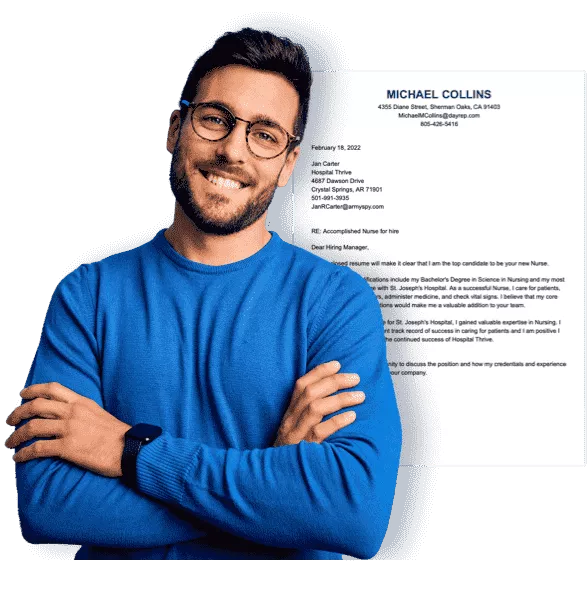 Cover letter example behind smiling man in glasses and blue shirt.