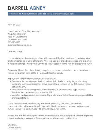 Cover letter example for a Nursing job application.