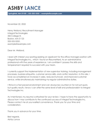 Cover letter example for an Office Manager job application.
