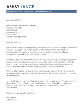 Cover letter example for an Office Manager job application.