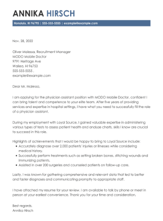 Cover letter example for a Physican Assistant job application.