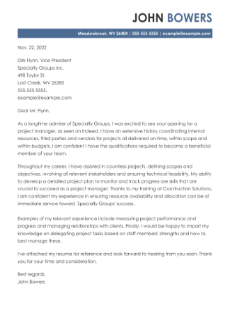 Cover letter example for a Project Manager position.