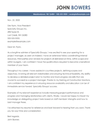 Cover letter example for a Project Manager position.