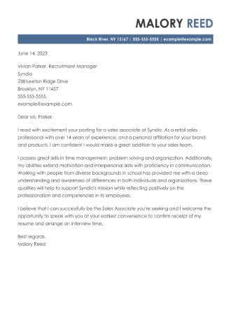 Cover letter example for a Sales Associate job application.