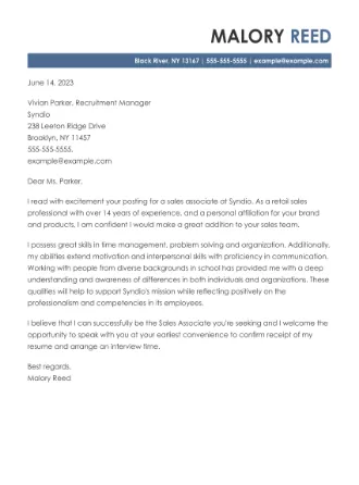 Cover letter example for a Sales Associate job application.